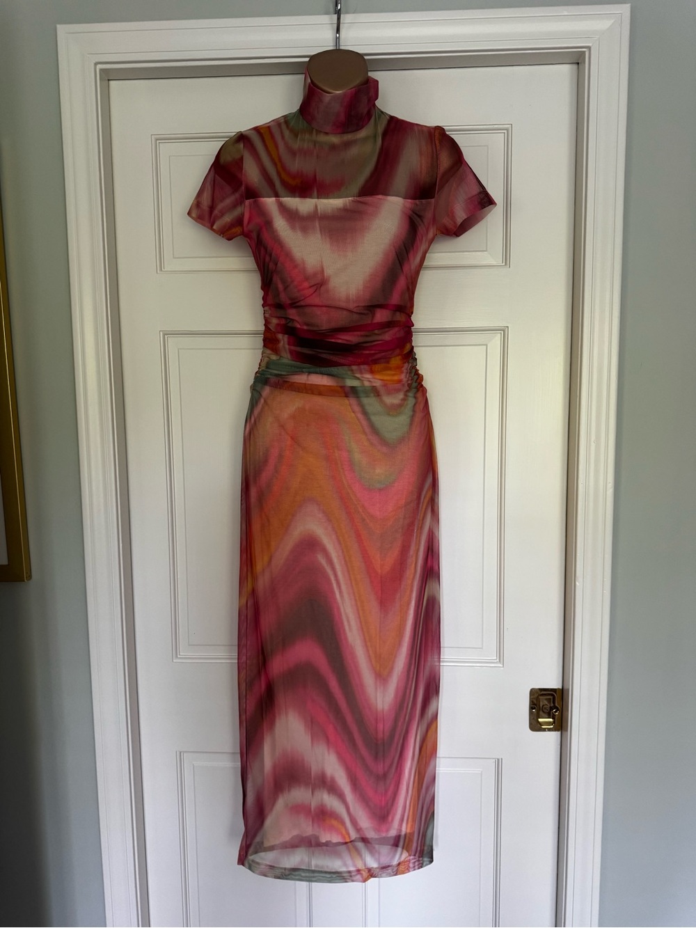 Amanda Uprichard Pink Coral Wave-Print High Neck Midi Dress